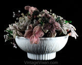 1950s French Beaded Flowers in White Milk Glass Bowl - Hand Beadwork Floral Arrangement - Spring Lavender Lilac Light Purple Green & White