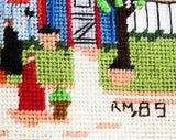 Horse Town Needlepoint Canvas - Burnt Orange Equestrian Fox Hunt Scenes - McIntyre Barn & Tack Shop - ca. 1989 Hand Made Artisan 20 x 10.75"