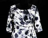 Size 12 Italian Silk 1950s Dress - Black Gray & White Floral Silk by Luisa Spagnoli - Painted Style Flowers - Swag Drape Wrap Bodice - NOS