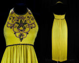 Size 4 Halter Dress - Sexy 70s Yellow Jersey Summery Gown - Small Beach Resort Bohemian Chic Dress ca. 1973 - Wooden Beads & Rope - Bust 32