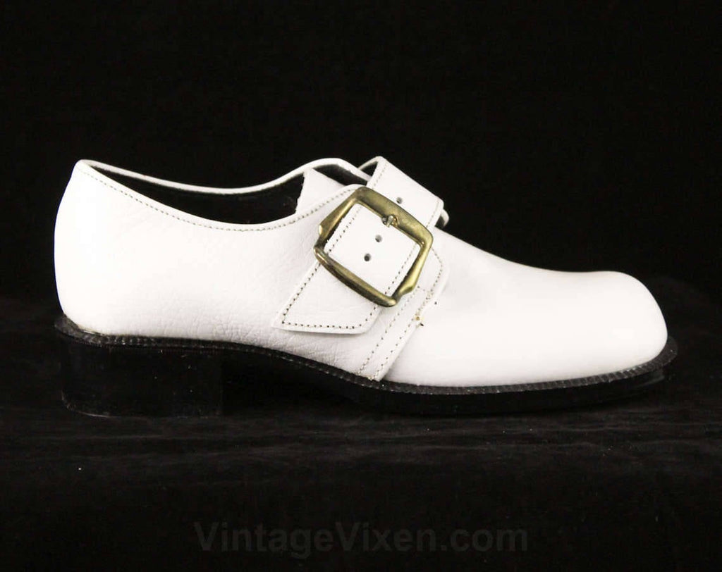 Child's Size 12 White Shoes - Funky Motown Style Leather Shoes - 60s 70s Boys Girls Children's Deadstock - Round Toe & Big Buckles - 48059-1