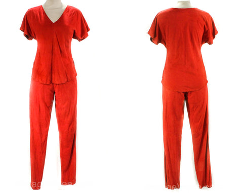 Size 0 1980s Red Suede Outfit - Sexy Erez Two-Piece Pantsuit - Late 70s 80s Short Sleeve Top & Skinny Pant - XXS Disco Club Wear - Waist 23