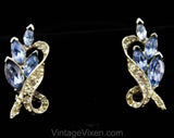 Sparkling Blue Rhinestone Brooch & Earrings - Spring 50s Jewelry - Elegant 1950s Leaves Demi Parure - Leafy Lapel Pin - Wedgwood and Silver