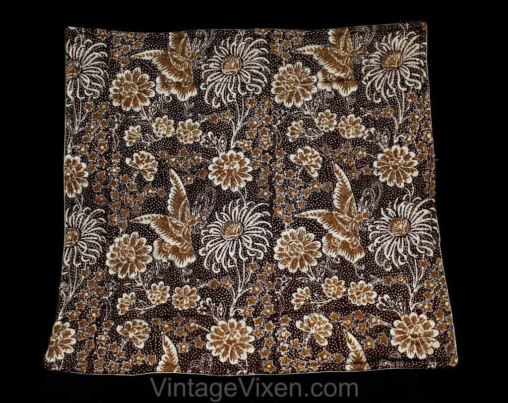 FINAL SALE Indonesian Cotton Textile - Butterfly Novelty Print Batik - Asian 1980s Square Dresser Accent - Brown Tiki Floral 80s Trapunto