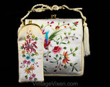 Asian Bird Evening Purse - 60s 70s Formal Handbag - Beautiful Embroidery - Fine White Satin Bag with Shoulder Strap - Blue Pink Orange
