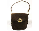 60s Brown Shoulder Bag with Modernist Gold Trappings - Chocolate Suede Mod 1960s Purse with Leather Trim - Brassy Hardware - Made in Spain