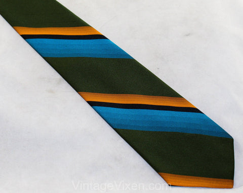 Men's Late 1960s Tie - Striped Orange Green Turquoise Tie - Bright & Bold Diagonal Stripes - Early 1970s Hipster Office Vibe - Uber Cool