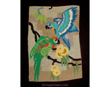 Needlepoint Fabric - Macaw Tropical Birds in Jungle Needle Point - Blue Green Pink 1970s 1980s Wool Yarn - Rectangular - 9.75 x 14.25 Inches