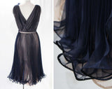 Size 6 Cocktail Dress - Beautiful Navy Blue & Fleshtone Pink Sheer Pleats - Gorgeous Wrap Design - Alluring 1970s Party Dress - Bust 34