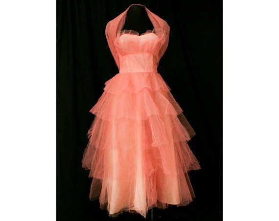XXS 1950s Rose Pink Strapless Tulle Prom Dress & Wrap - 50s Debutante Size 0 Evening Gown - Pin Up Style - Bust 32 - Waist 22.5 - 40550-1