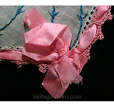 30s Apron - Wonderful 1930s Pink Daisy Apron with Silk Ribbonwork - Small Medium - Sweet Crochet Trim & Bows - Waist 24 to 28 - 30445