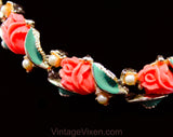 Coral Pink Roses 50s Necklace - Sweet Feminine Spring Summer 1950s 60s Molded Plastic Flowers Jewelry - Jade Green Leaves & Silver Metal