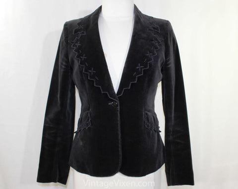 Size 6 Velveteen Jacket - Chic 1970s Designer Blazer - Pewter Gray with Zig Zag Trim - 70s Stephen Marks England - Autumn Spring - Bust 36