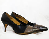 Size 9 1950s Stiletto Shoes - Unworn Deadstock 50s 60s Black & Mocha High Heels - Chic Leather Pumps with Geometric Mod Detail - 9AA Narrow