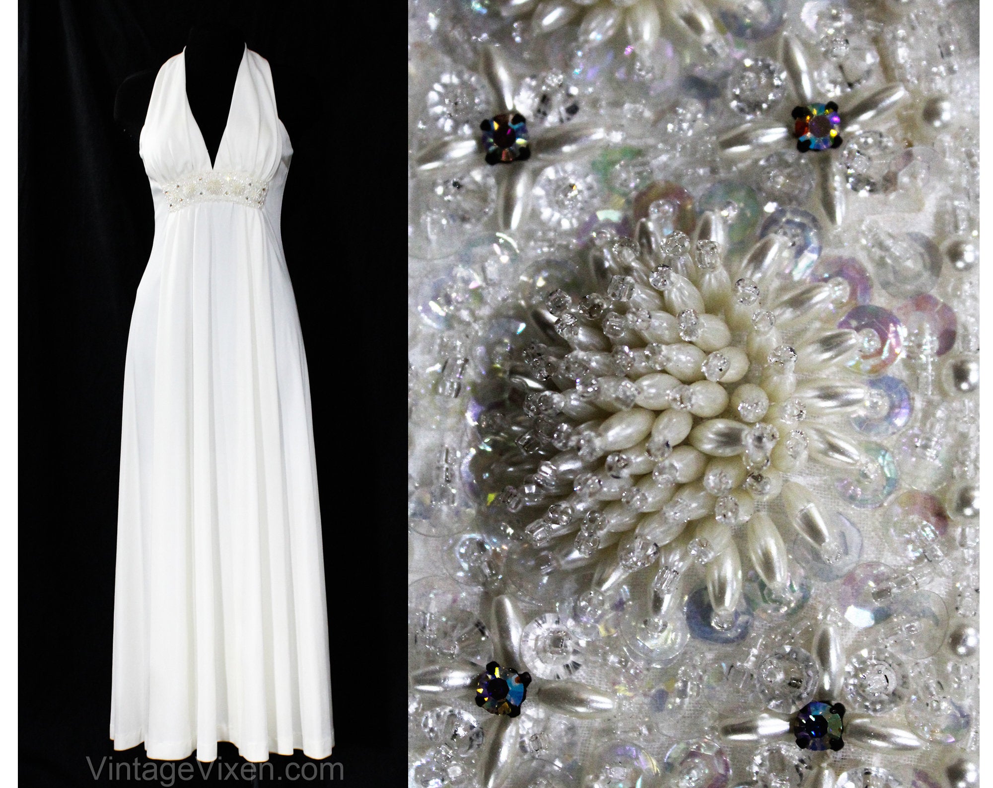 Size 8 White Evening Dress - Femme 1970s Goddess Formal Gown - White H Vintage Vixen Clothing Size 8 White Evening Dress - Femme 1970s Goddess Formal Gown - White H Vintage Vixen Clothing