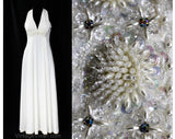 Size 8 White Evening Dress - Femme 1970s Goddess Formal Gown - White Halter Look 70s Sleeveless - Plunge V Neck & Lavish Beading - Bust 34.5