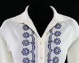 Size 10 Navy Daisy Print Cardigan - 1960s Retro Cute - Long Sleeved 60s Lightweight White Crepe Knit - Button Front Sweater - Bust 36