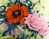 Botanical Floral Pillow - Burnt Orange Chartreuse Pink Blue Roses Iris Poppy Pansies & Ferns - 1960s 1970s - 16 1/2" Square Fine Cotton