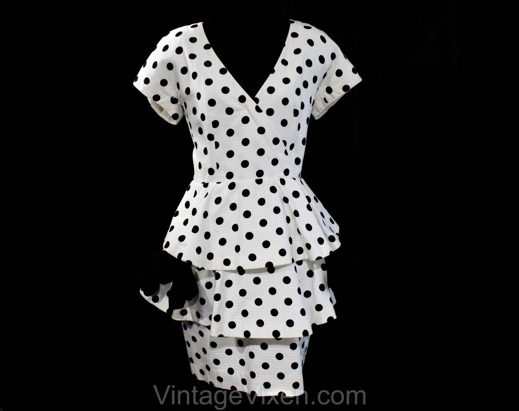 Size 10 Polka Dot Dress - Designer Guy Laroche 1950s Inspired Summer Party Cocktail - Black & White Cotton with Peplum Tier Skirt - Waist 28