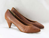 Size 6.5 Leather Shoes - Sexy Brown Huarache Style Design - 1990s Stilettos - Woven Trim - Made in Brazil - 90s Deadstock 6 1/2 M - 46613-1