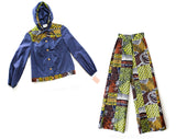 1970s Funky Pant Set with Hood - 70s Denim Chambray Hooded Jacket & Quilted Bellbottom - Size 0 Blue Batik Paisley Patchwork Novelty Print