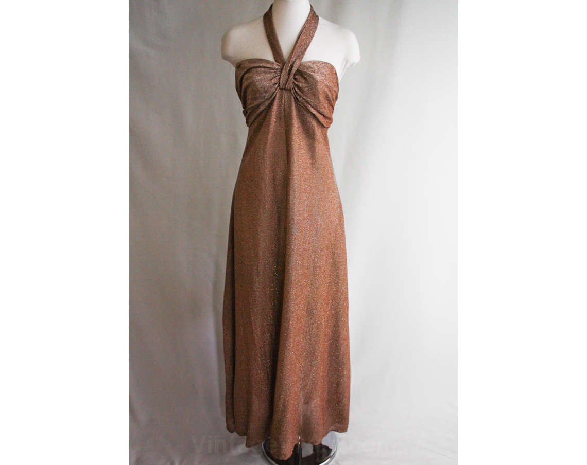 Size 10 Bombshell Dress - Gorgeous 1970s Metallic Mocha Halter Evening Vintage Vixen Clothing Size 10 Bombshell Dress - Gorgeous 1970s Metallic Mocha Halter Evening Vintage Vixen Clothing