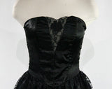Size 2 Strapless Dress - 1950s Inspired Black Satin & Lace Cocktail - XS Sexy Boned Bodice - Flounced Full Skirt - 1980s 1990s - Bust 32.5