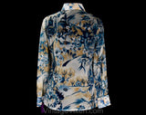 Size 4 Sheer Shirt - 1970s Novelty Print Scenic Blouse - 70s Blue Floral Casual Long Sleeve Top - Fancy Facades - NWT Deadstock - Bust 34.5