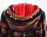 Large Boho Peasant Coat with Hood - Russian Style Navy Blue & Red Wool Huge Sleeves - Wooden Beads - Haute Designer Dan DeSantis - Bust 54