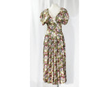 Size 6 Retro Dress - Charming 1930s Inspired 90s Full Skirted Dress - Violet Gray Sage Green Purple Bias Cut Floral Rayon - Waist to 30