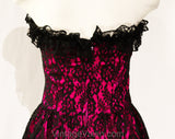 Size 2 Strapless Cocktail Dress - Gunne Sax Magenta Pink Satin & Black Lace Saloon Girl Style Gown - XS Boned Bodice Full Skirt - Bust 31.5