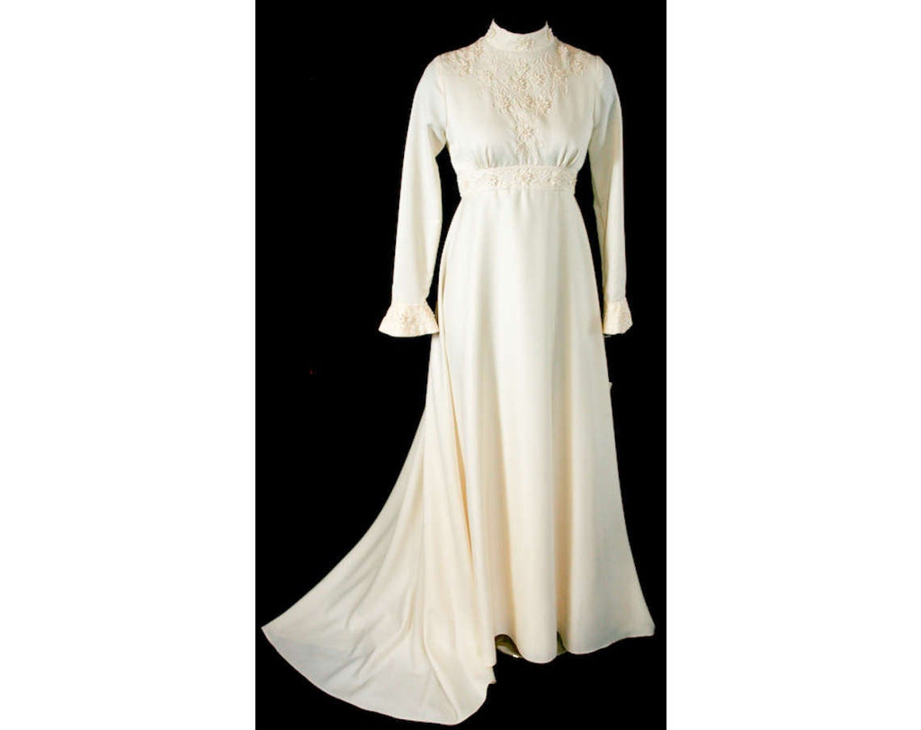 Size 8 Wedding Dress - Pretty 1960s Ivory Satin Bridal Gown with Bell Sleeves & Train - 60s Empire - NWT - Bust 35 - Waist 27 - 31833-1
