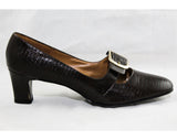 Size 8 Narrow Shoes - Unworn Classic Dark Brown Faux Reptile Leather Pumps - 60s Ruddy Reptilian Two-Tone - Buckles - 1960s Deadstock Shoe