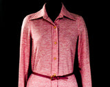 Size 8 1970s Pant Suit - Extra Long Tunic Shirt Jacket & Trousers with Original Belt - Mauve Pink Mottled Knit - 70s NWT Deadstock - Bust 36