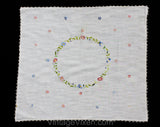 Picturesque Daisy Tablecloth - White Cotton Wild Flowers Hand Embroidered Square Table Cloth - Hand Sewn Pink Blue Green Yellow - 1940s 50s