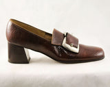 Size 6.5 Brown 60s Loafers - Never Worn 1960s Mod Shoes - 60s Wet Look Vinyl Pumps - Double Silvertone Buckle - NOS in Box - 6 1/2 AA Narrow