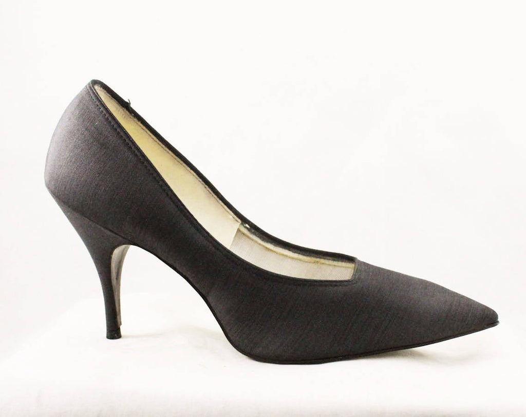 Size 8 Gray Shoes - Unworn 1950s High Heel Stilettos - Charcoal Grey Cloth - Sexy 50s 4 Inch Heels - NOS Deadstock - 8 Narrow - 48039
