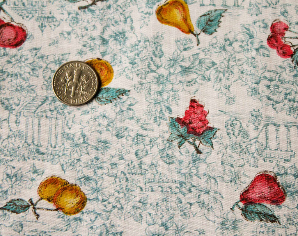 50s Novelty Print Fabric - Over 3.5 Yards x 36 Inches Wide - 1950s Fruits & Antique Scenic Ruins Cotton Poplin - Antique Fruit by J.Manes