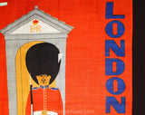 London 60s Linen Towel - 1960s Novelty Print Royal Guard - Orange Navy Blue Black - Pigeons - British England Souvenir Textile - Irish Linen