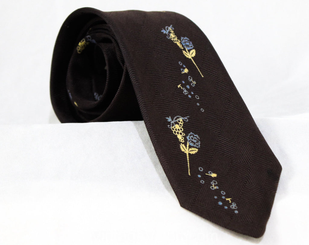 Men's French 1950s Novelty Tie - Romantic Date Night Theme 50s Silk Necktie - Chocolate Brown Blue Ivory - Grapes Wine & Long Stemmed Roses