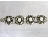 1950s Victorian Inspired Bracelet - 50s Baroque Faux Pearls Panel Bracelet - Antique Look Filigree Metal - White Gold Champagne - 50451