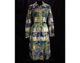 Size 6 Purple Teal Green Cocktail Dress - 60s Couture Quality Design - Exquisite Sheer Silk Chiffon & Metallic Striped Brocade - Bust 34