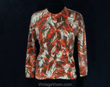 Medium 50s Angora Cardigan - Red Sketchy Print Lofty Knit - Size 8 Button Front Sweater - Avant Garde Mid Century Artsy Print - Bust 35