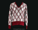 Men's Medium 60s Sweater - Maroon & Gray Plaid Knit - Mod Mens Fall Winter Pullover by Izod - V Neck 1960s Preppie Long Sleeve - Chest 42