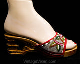 Size 6 Carved Wood 1940s Platform Shoes - Tiki Hut Wooden Heels - World War II Asian Souvenir - Red Beadwork - 40s Pin Up Lounge Sandal
