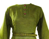 Size 14 Olive Green 1960s Tailored Dress & Belt - Large Petite 60s Avocado Cotton Secretary Office Wear - Fall Autumn Deadstock - Bust 42