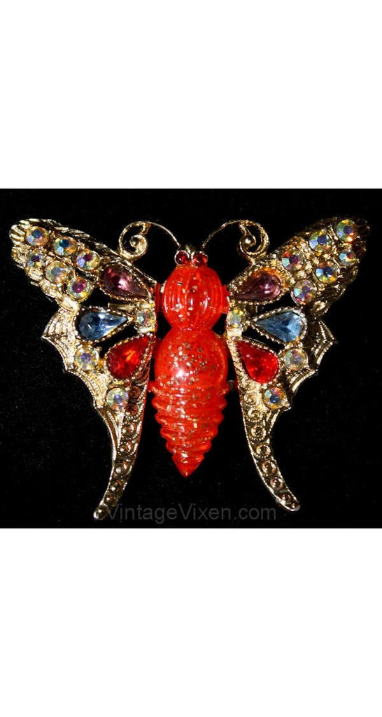 Gorgeous 1950s Red Confetti & Rhinestone Butterfly Pin - Bejeweled 50s Fancy Insect Brooch - Scarlet and Blue - Mint Condition - 36396-1