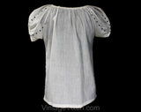 Size 6 Peasant Top - Small 1970s Hippie Style Summer Blouse - White & Indigo Blue Puff Sleeve Shirt - Folk 70s Hearts Embroidery - Bust 35