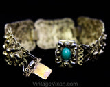 1950s Baroque Style Bracelet - Ornate Victorian Inspired Gold Hue Filigree - Marbled Green Oval Cabochons - 50s 60s Antique Look Panels