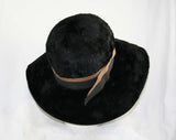 Wide Brim Hat - Mr John - Chic Black Italian Fur Felt with Brown Band - 1960s Designer Millinery - Empress Label - New York - Paris 41334-1